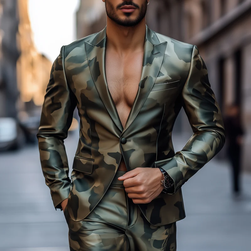 Samuel | Men'S Vintage Camouflage Print Satin Peak Lapel Single Breasted Slim Fit Blazer - Image 2
