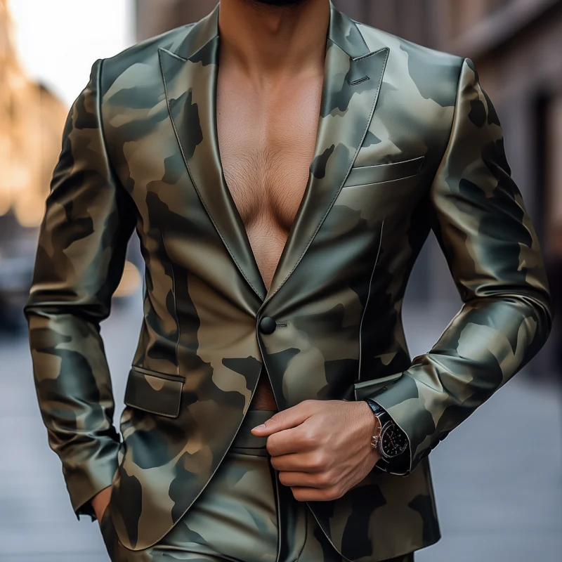 Samuel | Men'S Vintage Camouflage Print Satin Peak Lapel Single Breasted Slim Fit Blazer - Image 3