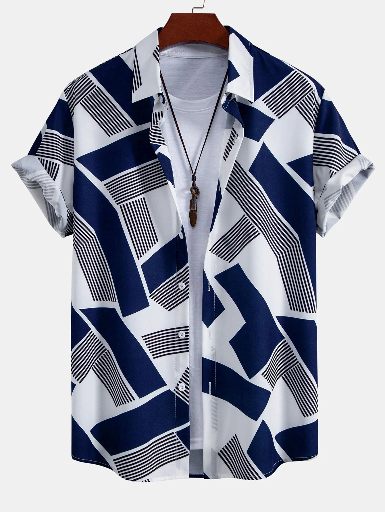 Saul® | Color Block Geometry Print Button Up Shirt & Swim Shorts - Image 3