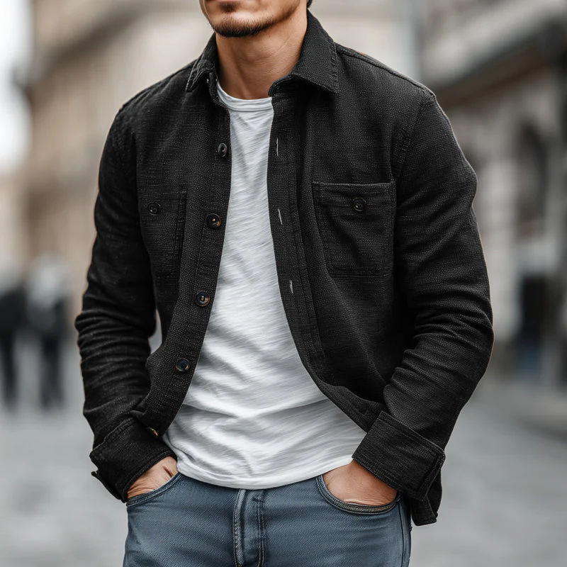 Sergio | Men'S Casual Solid Color Breathable Cotton Blended Lapel Chest Pocket Loose Long Sleeve Shirt - Image 2