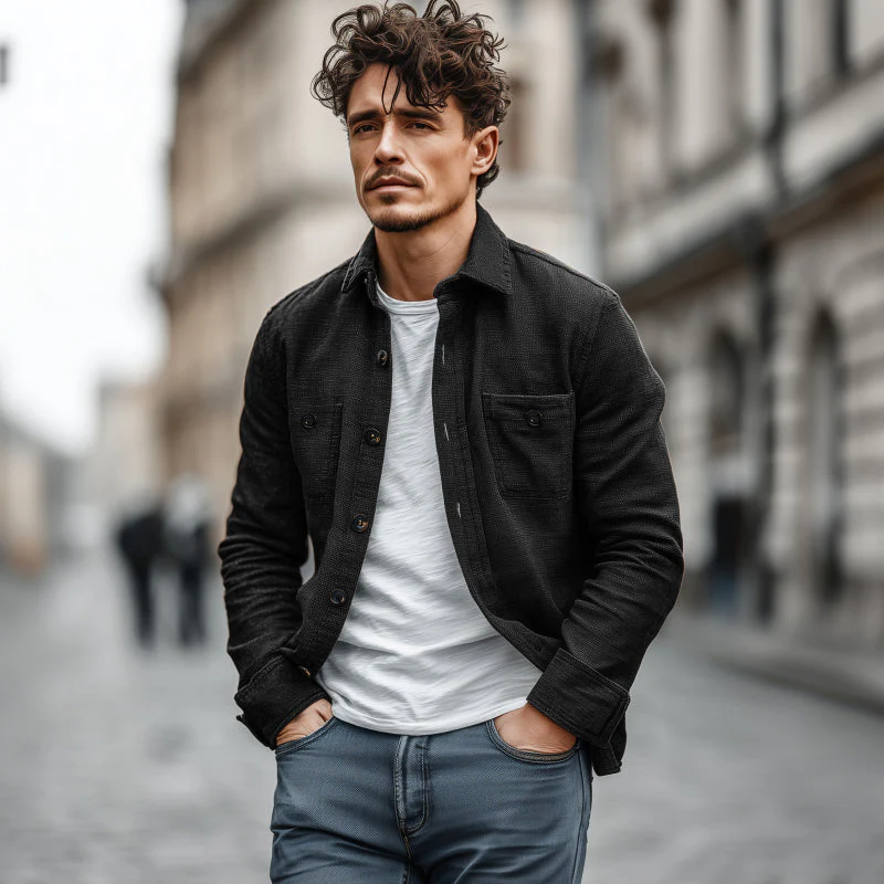 Sergio | Men'S Casual Solid Color Breathable Cotton Blended Lapel Chest Pocket Loose Long Sleeve Shirt - Image 3