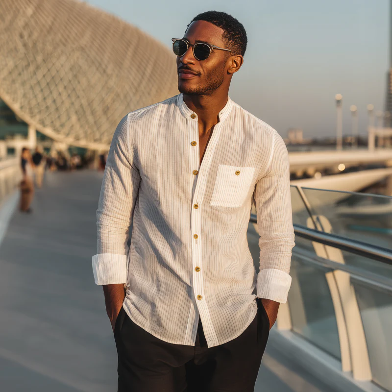 Shane | Men'S Casual Breathable Cotton Striped Stand Collar Patch Pocket Slim Fit Long Sleeve Shirt - Image 2