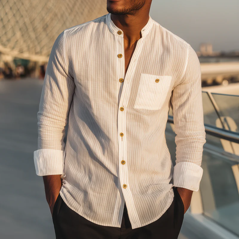 Shane | Men'S Casual Breathable Cotton Striped Stand Collar Patch Pocket Slim Fit Long Sleeve Shirt - Image 3