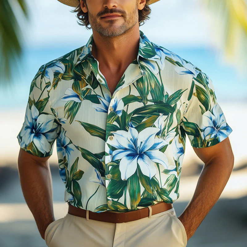 Sidney | Men'S Summer Beach Lily Print Short Sleeve Shirt - Image 2