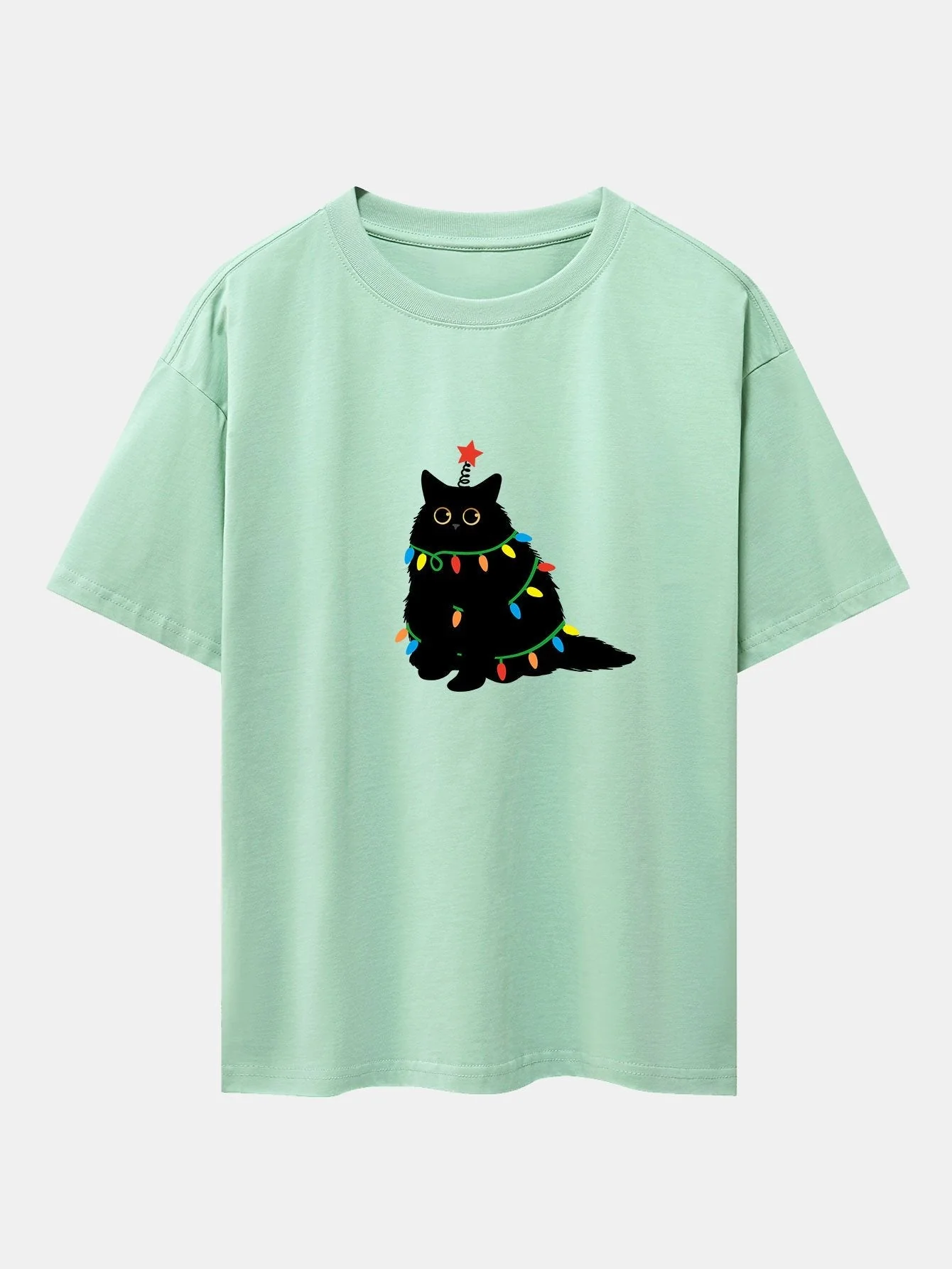 Silvano® | Christmas Lights Black Cat Print Drop Shoulder Oversize T-Shirt - Image 11