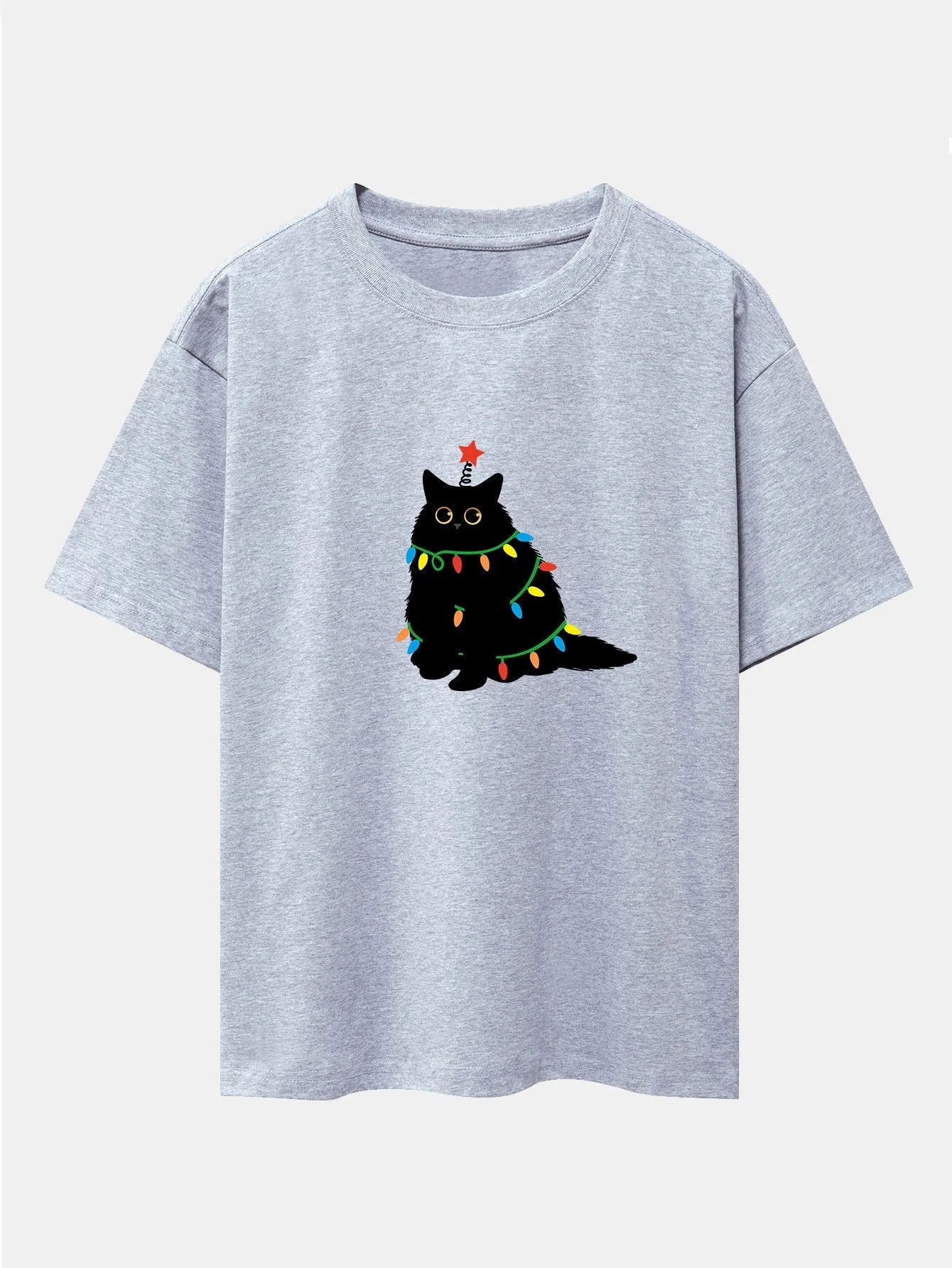 Silvano® | Christmas Lights Black Cat Print Drop Shoulder Oversize T-Shirt - Image 12