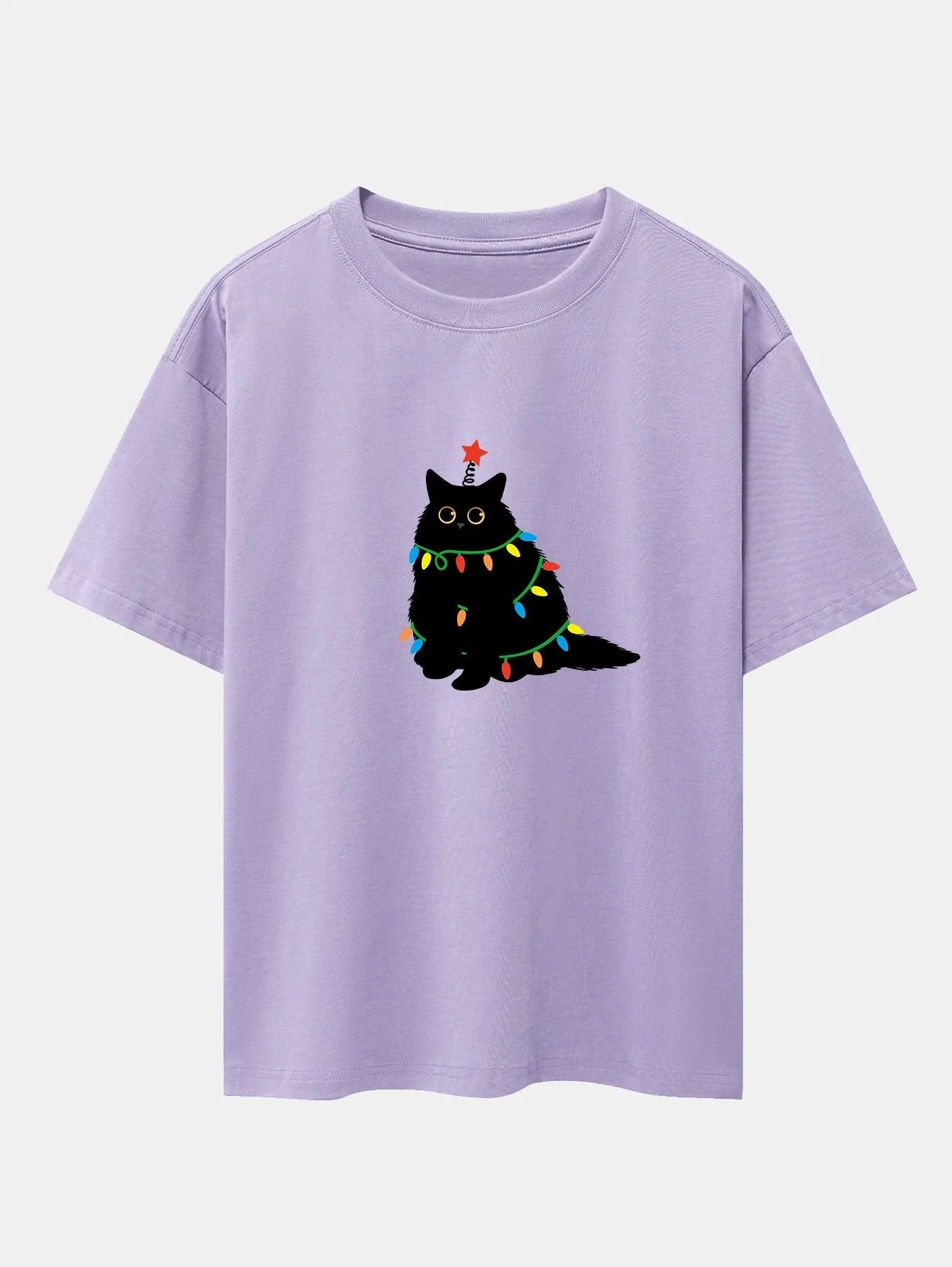 Silvano® | Christmas Lights Black Cat Print Drop Shoulder Oversize T-Shirt - Image 14