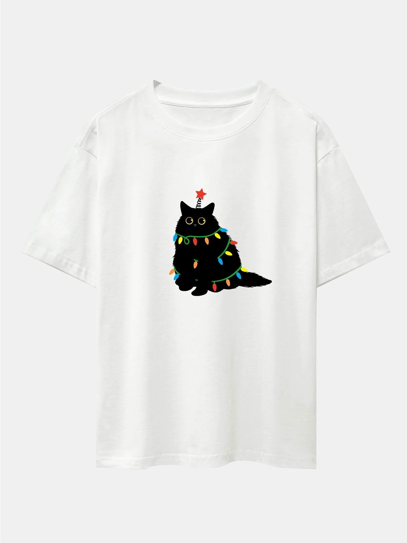 Silvano® | Christmas Lights Black Cat Print Drop Shoulder Oversize T-Shirt - Image 3