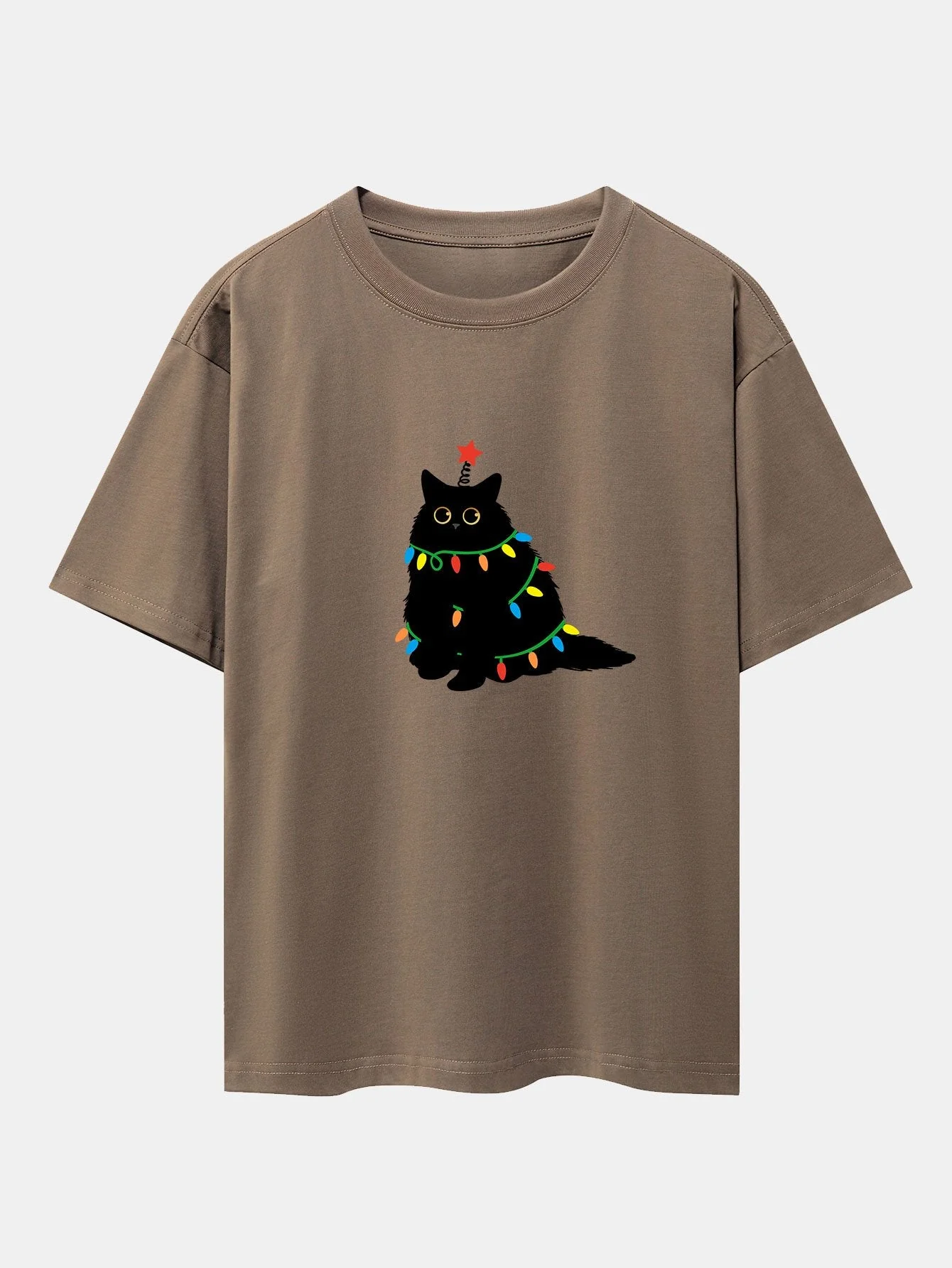 Silvano® | Christmas Lights Black Cat Print Drop Shoulder Oversize T-Shirt - Image 4