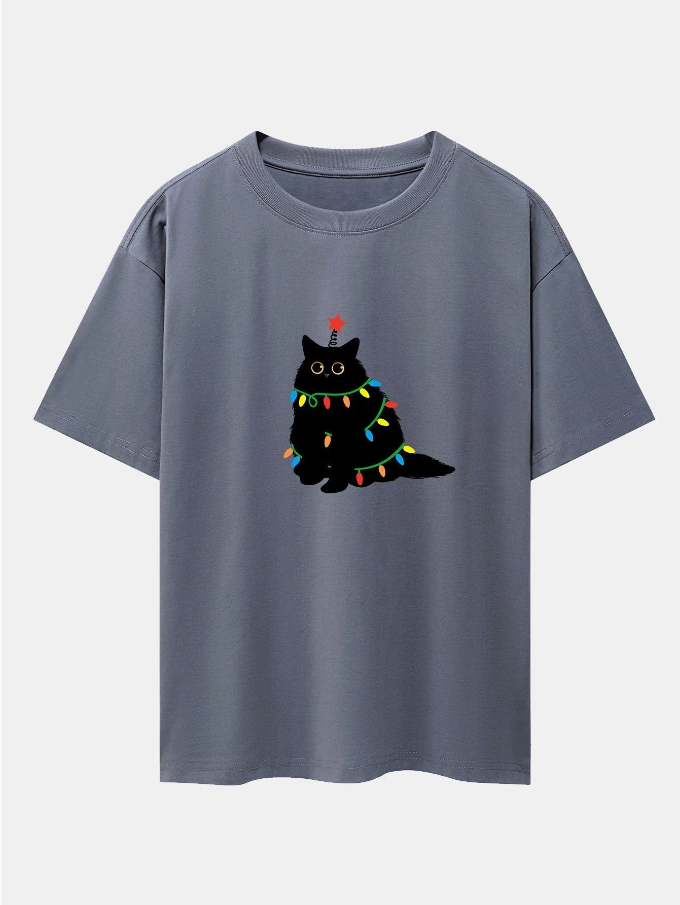 Silvano® | Christmas Lights Black Cat Print Drop Shoulder Oversize T-Shirt - Image 6