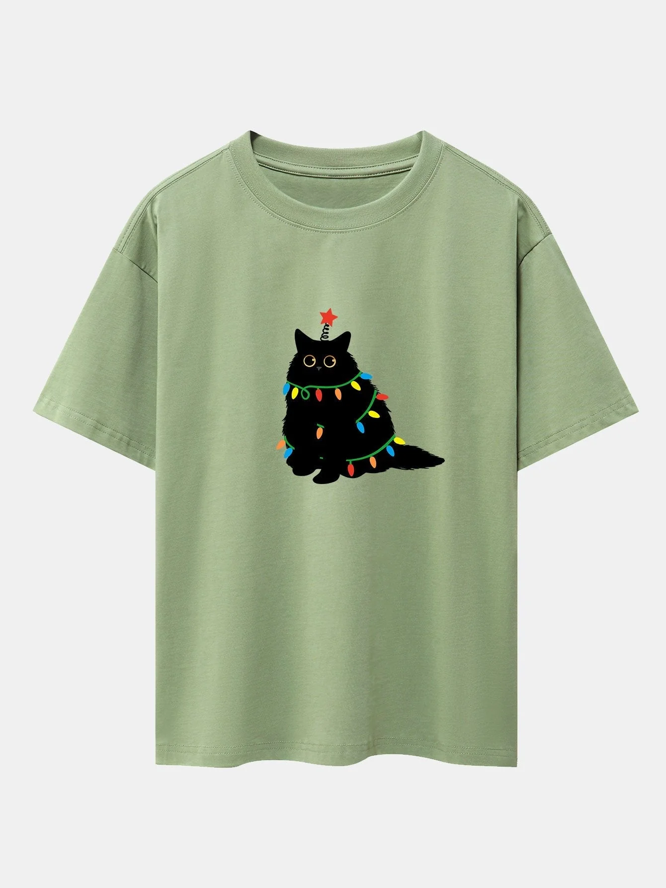 Silvano® | Christmas Lights Black Cat Print Drop Shoulder Oversize T-Shirt - Image 8