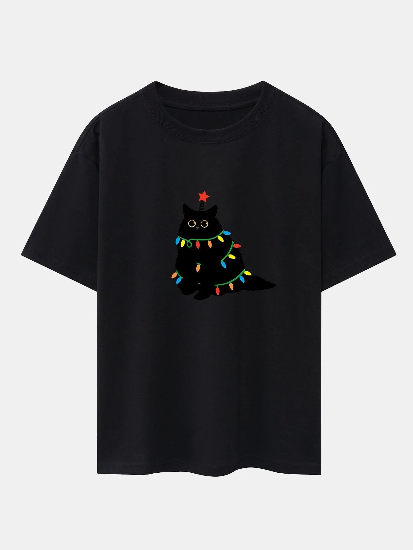 Silvano® | Christmas Lights Black Cat Print Drop Shoulder Oversize T-Shirt - Image 9