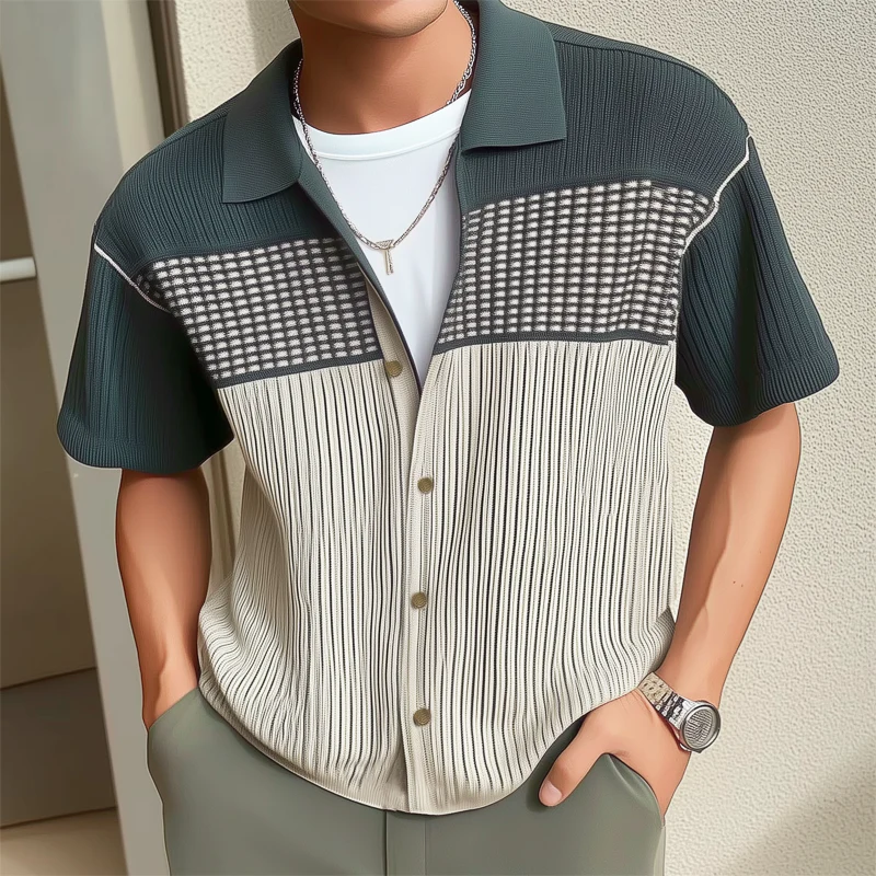 Simon | Men'S Business Colorblock Knitted Button Short Sleeve Shirt - Image 2
