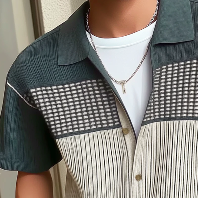 Simon | Men'S Business Colorblock Knitted Button Short Sleeve Shirt - Image 4