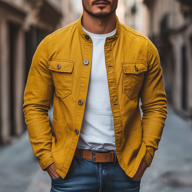 Spencer | Men'S Casual Breathable Solid Color Cotton Stand Collar Single Breasted Multi-Pocket Cargo Jacket - Image 2