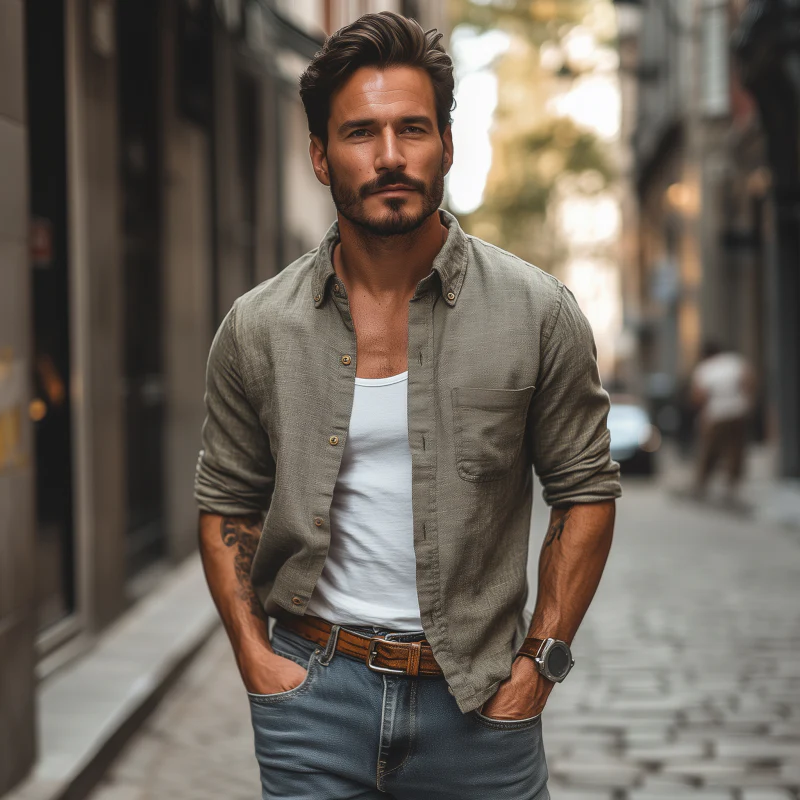 Stacy | Men'S Casual Breathable Linen Lapel Patch Pocket Slim Fit Long Sleeve Shirt - Image 3