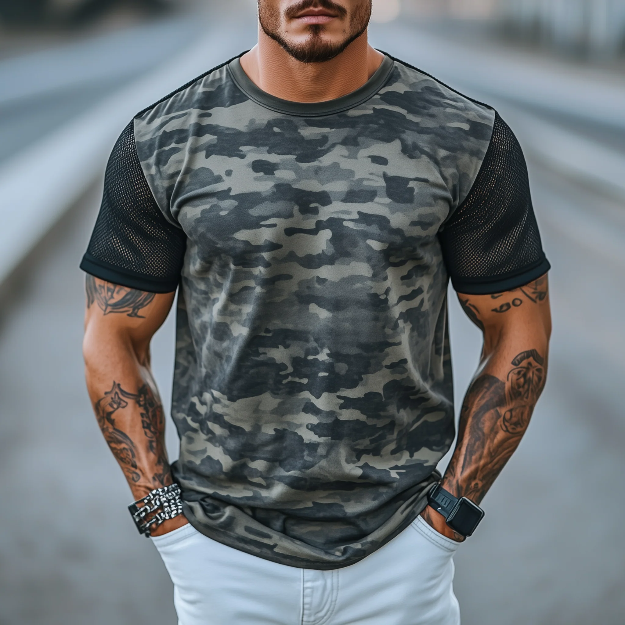 Stacy | Men'S Spring And Summer Casual Round Neck Camouflage Cotton Blended Splicing Mesh Short-Sleeved T-Shirt - Image 2