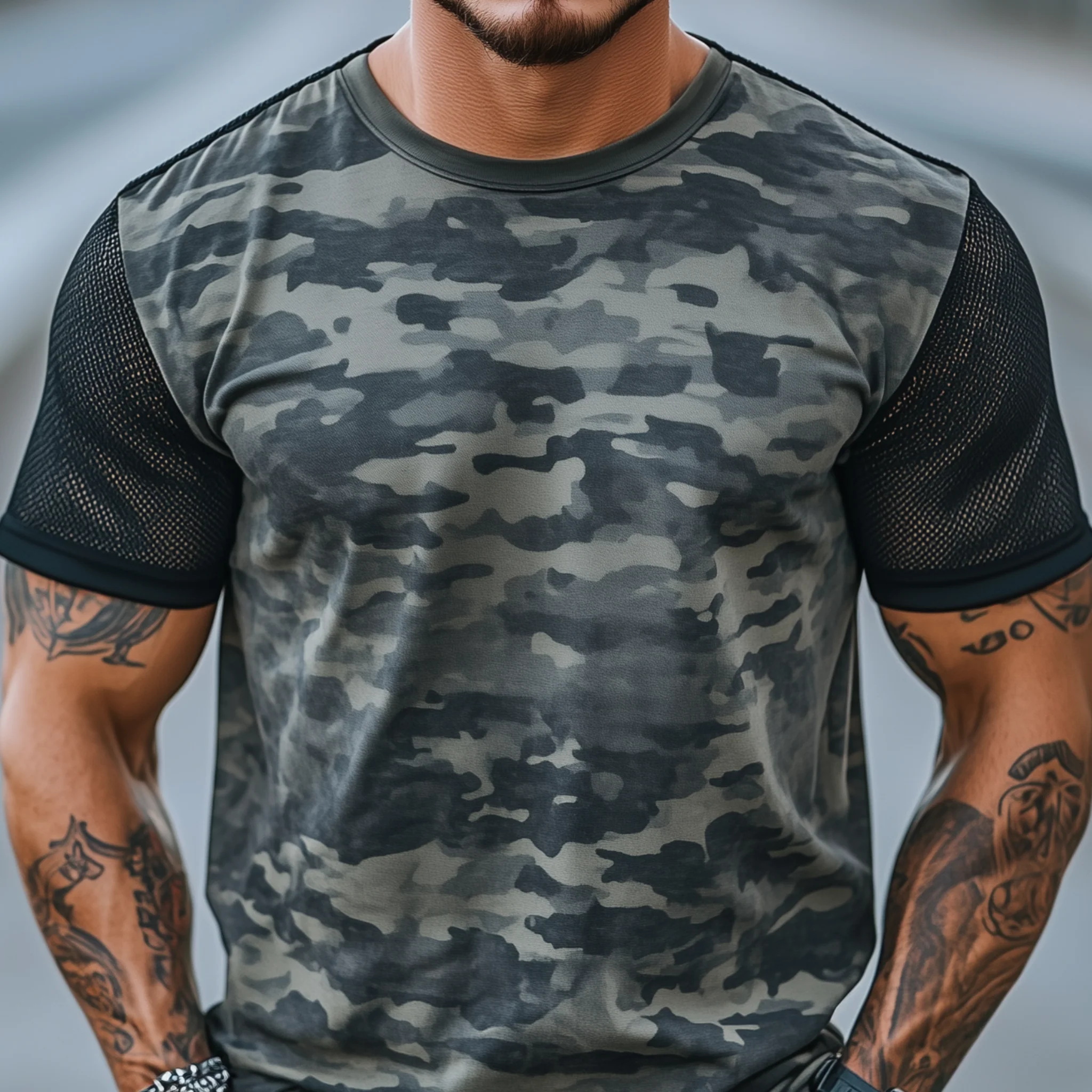 Stacy | Men'S Spring And Summer Casual Round Neck Camouflage Cotton Blended Splicing Mesh Short-Sleeved T-Shirt - Image 4