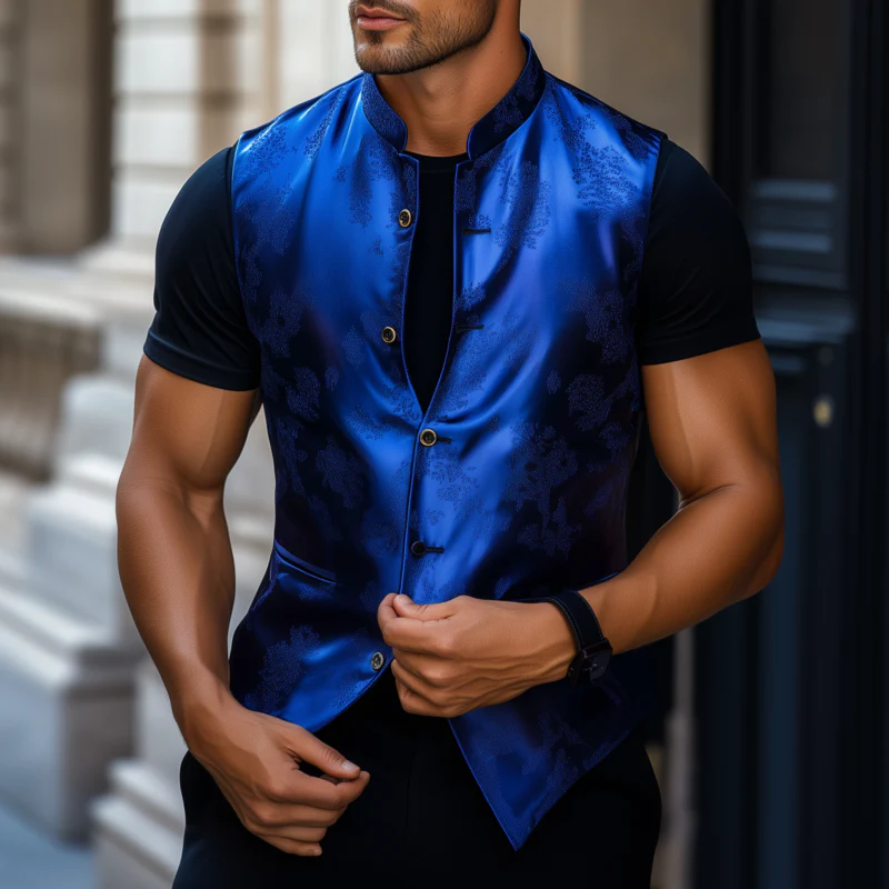 Stanley | Men'S Vintage Elegant Satin Jacquard Stand Collar Single Breasted Slim Suit Vest - Image 2