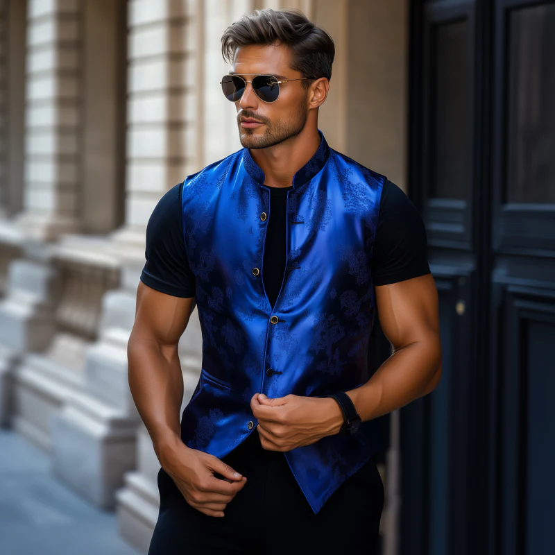 Stanley | Men'S Vintage Elegant Satin Jacquard Stand Collar Single Breasted Slim Suit Vest - Image 3