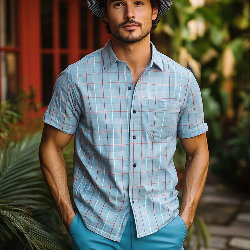 Stephen | Men'S Summer Basic Blue Plaid Short Sleeve Shirt - Image 2