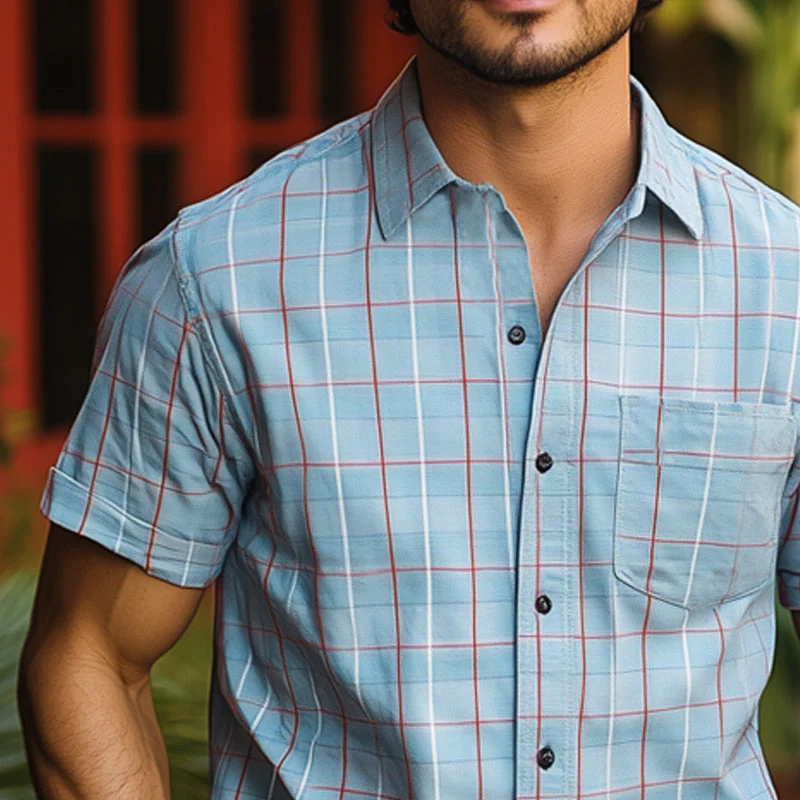 Stephen | Men'S Summer Basic Blue Plaid Short Sleeve Shirt - Image 3