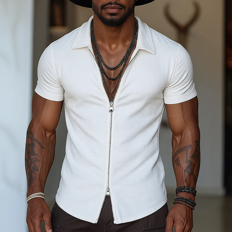 Sterling | Men'S Solid Zipper Lapel Short Sleeve Shirt - Image 2