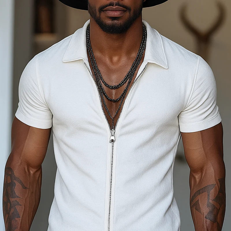 Sterling | Men'S Solid Zipper Lapel Short Sleeve Shirt - Image 3