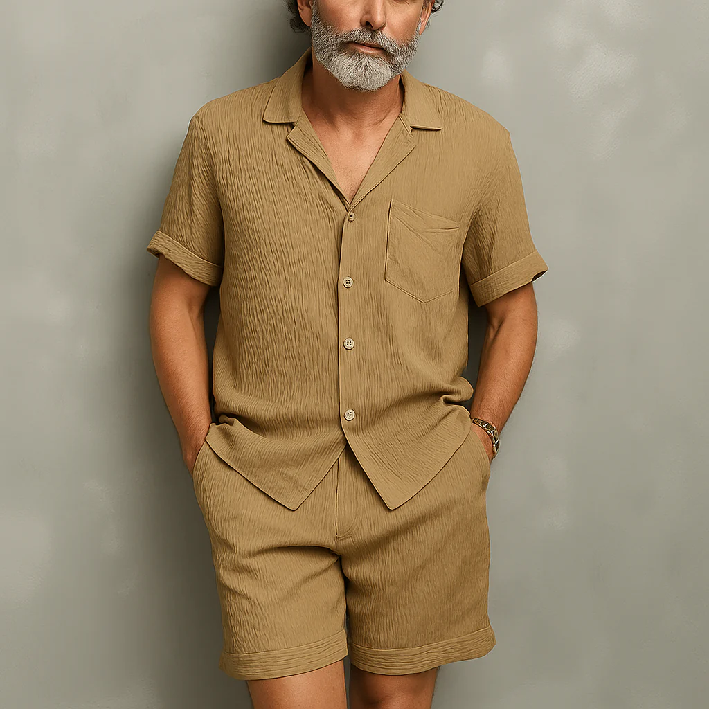 Sylvester | Men'S Summer Fashion Solid Color Wave Texture Polyester Short Sleeve Suit - Image 3