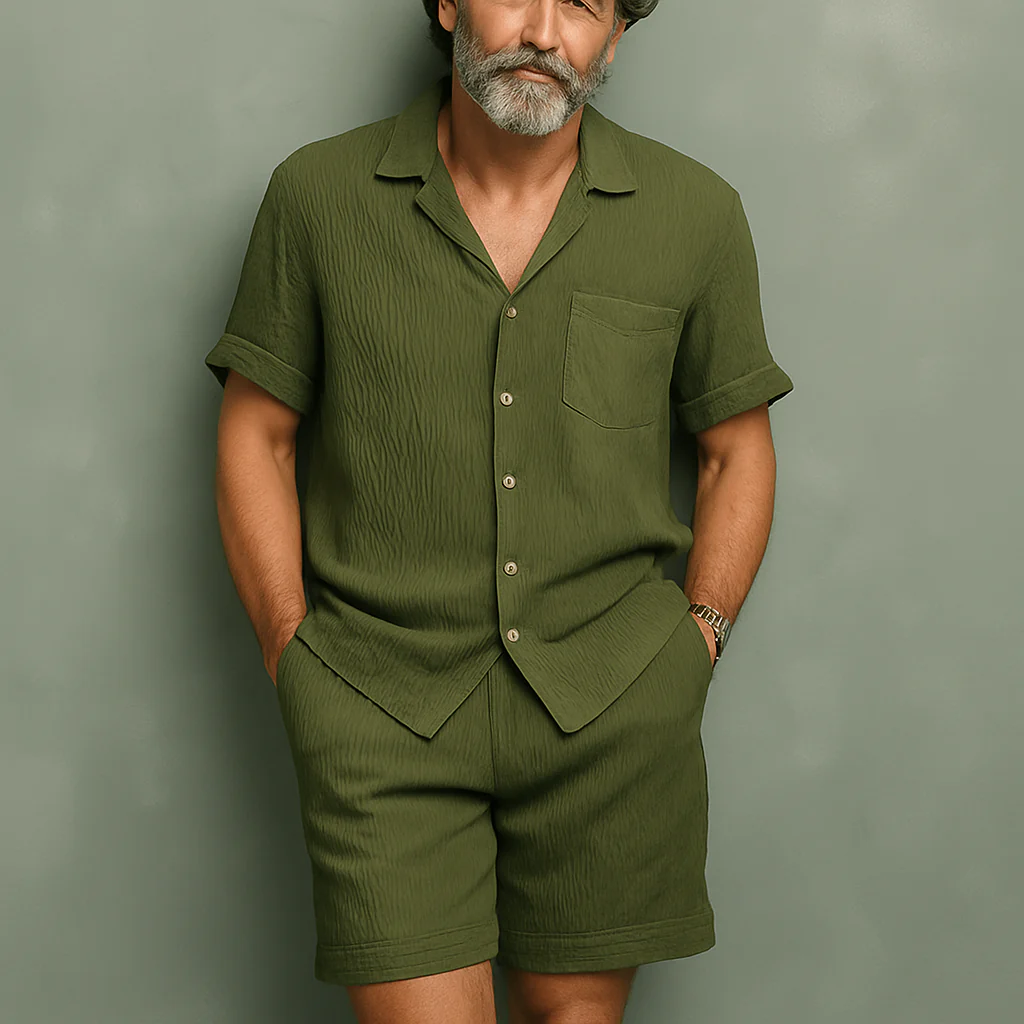 Sylvester | Men'S Summer Fashion Solid Color Wave Texture Polyester Short Sleeve Suit - Image 4