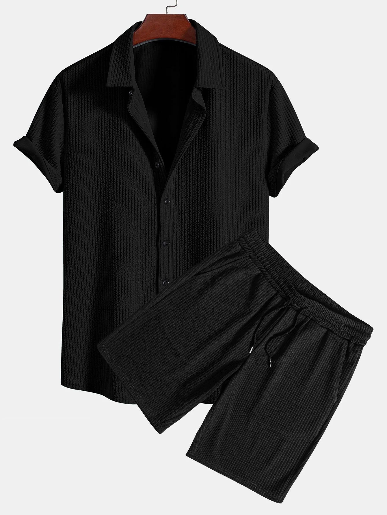 Tate® | Muscle Fit Ribbed Button Up Shirt & Shorts - Image 3