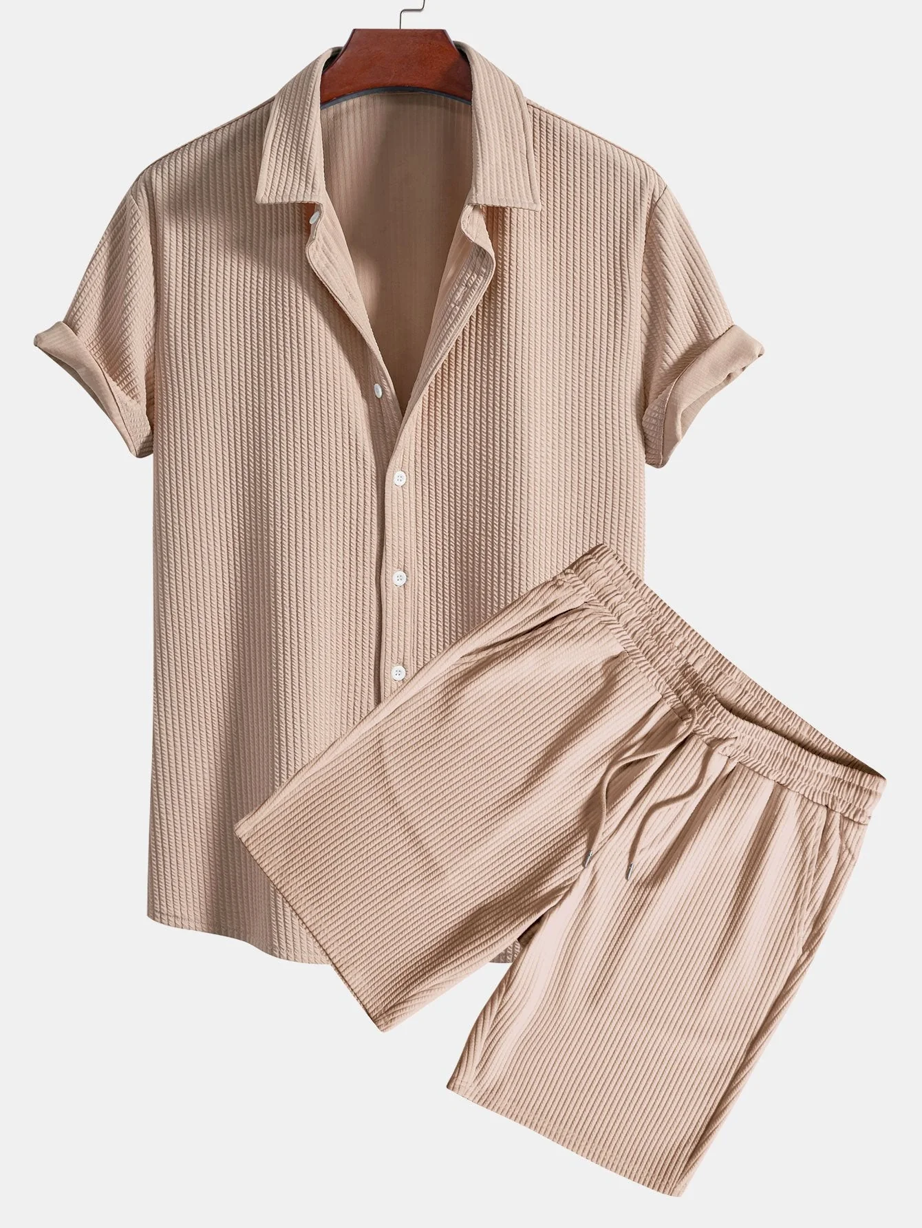 Tate® | Muscle Fit Ribbed Button Up Shirt & Shorts - Image 6
