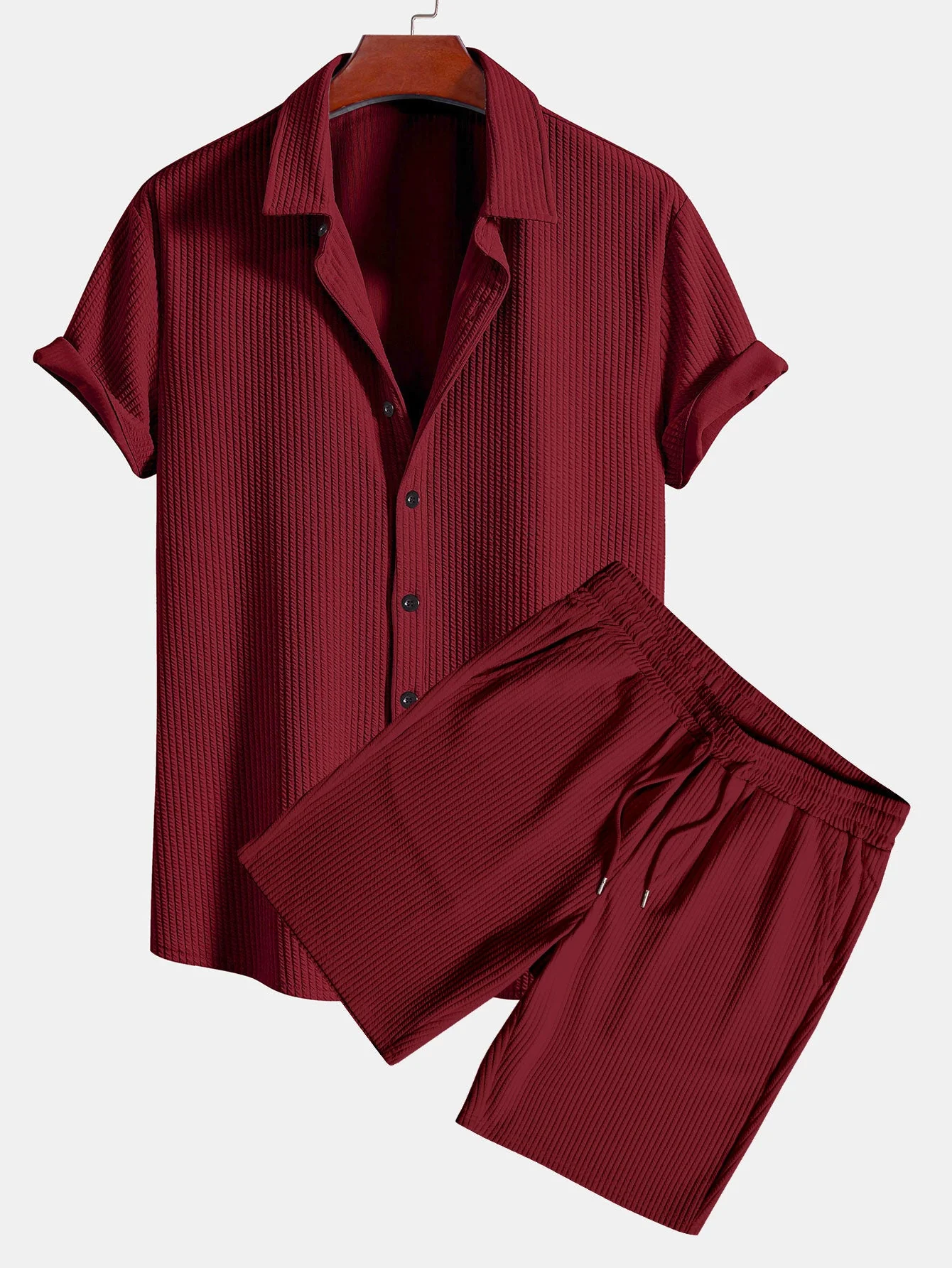 Tate® | Muscle Fit Ribbed Button Up Shirt & Shorts - Image 7