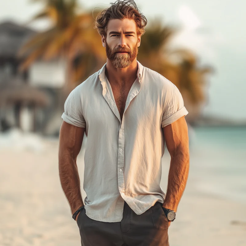 Taylor | Men'S Casual Breathable Solid Color Cotton Lapel Loose Short-Sleeved Shirt - Image 3