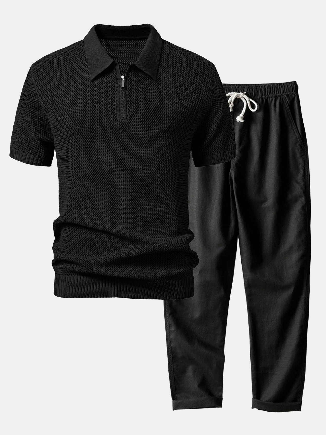 Teófilo® | Eyelet Zip Up Knit Polo Shirt & Straight Leg Linen Pants - Image 2