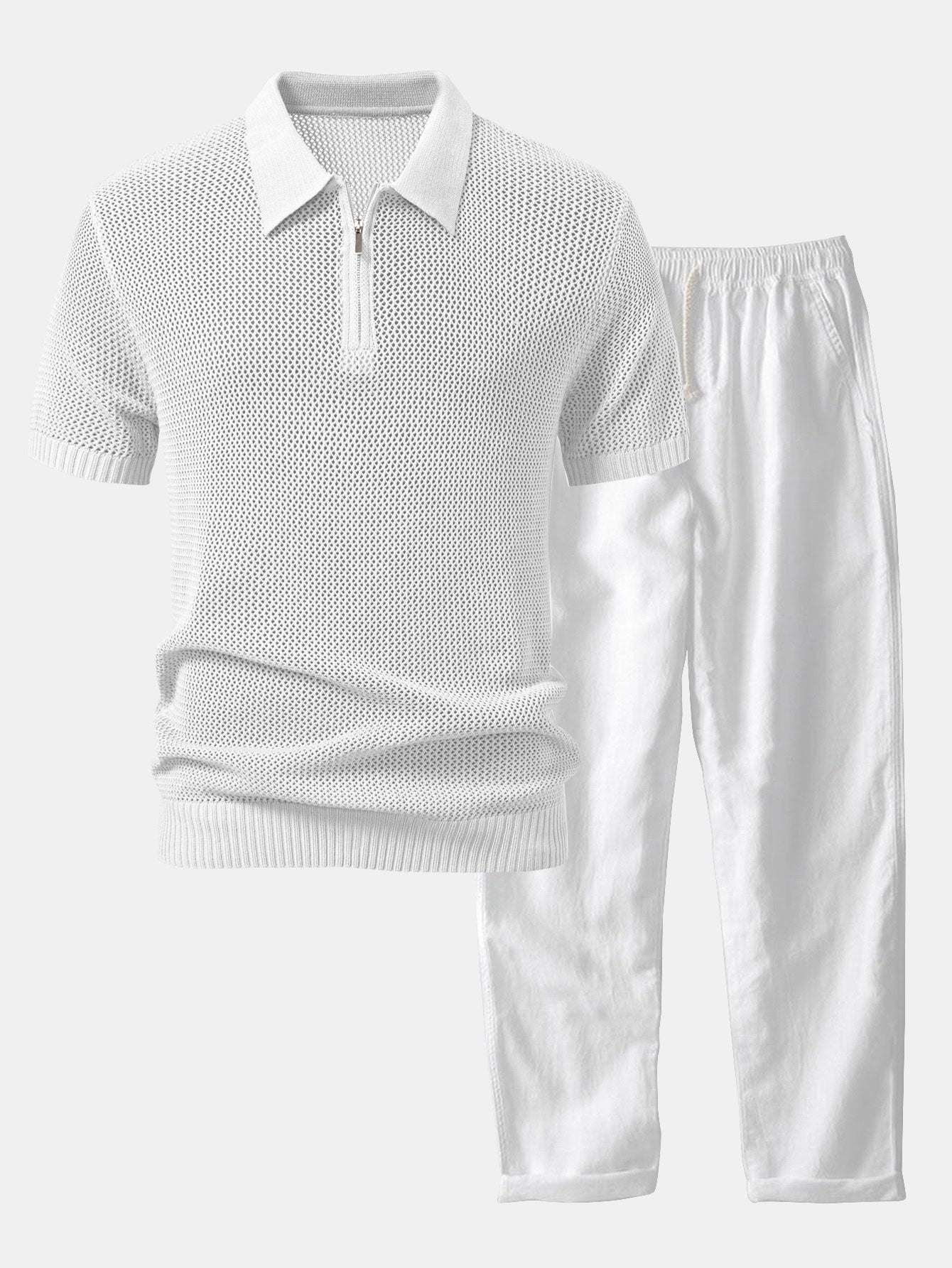 Teófilo® | Eyelet Zip Up Knit Polo Shirt & Straight Leg Linen Pants - Image 3