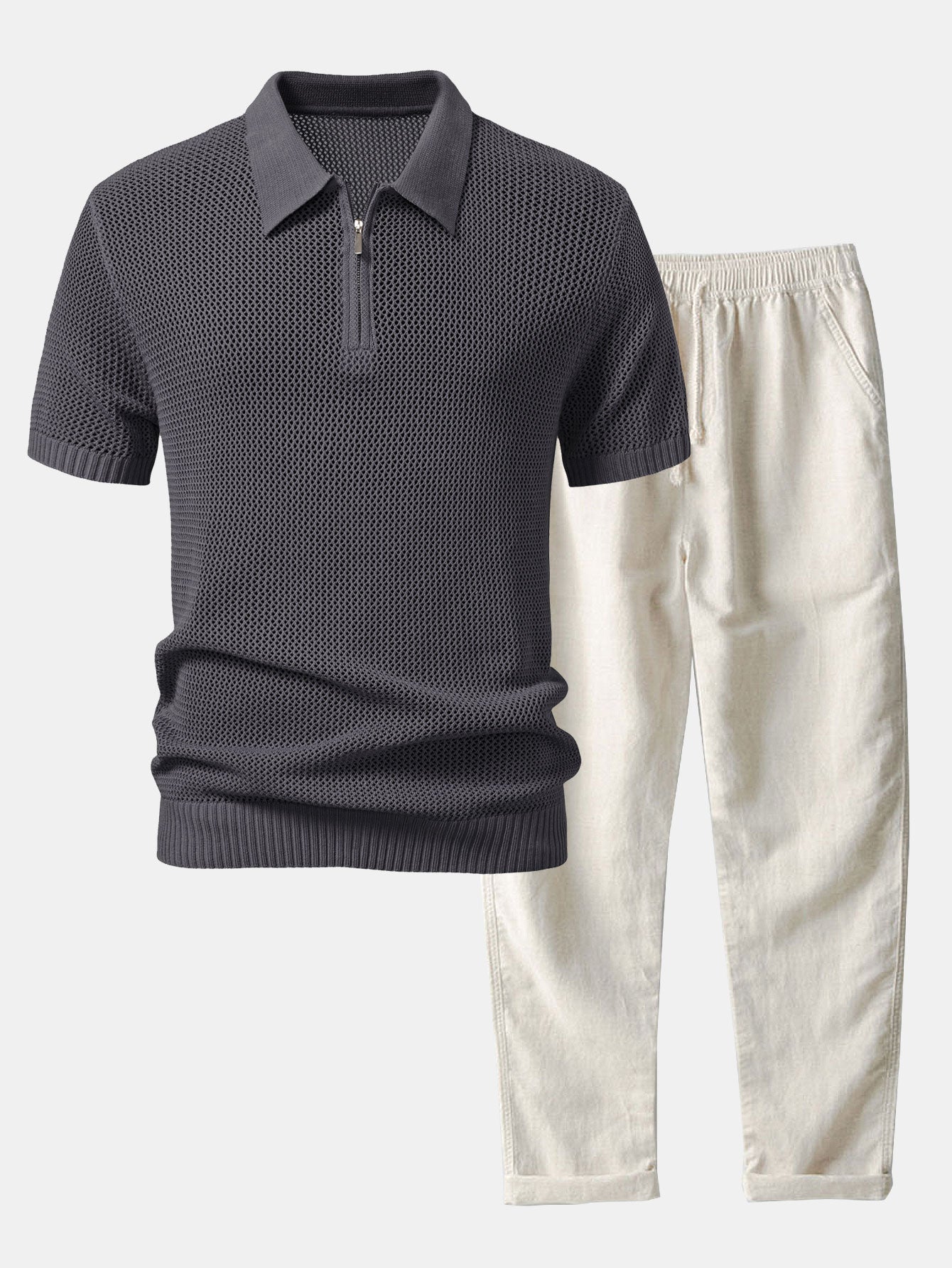 Teófilo® | Eyelet Zip Up Knit Polo Shirt & Straight Leg Linen Pants - Image 4