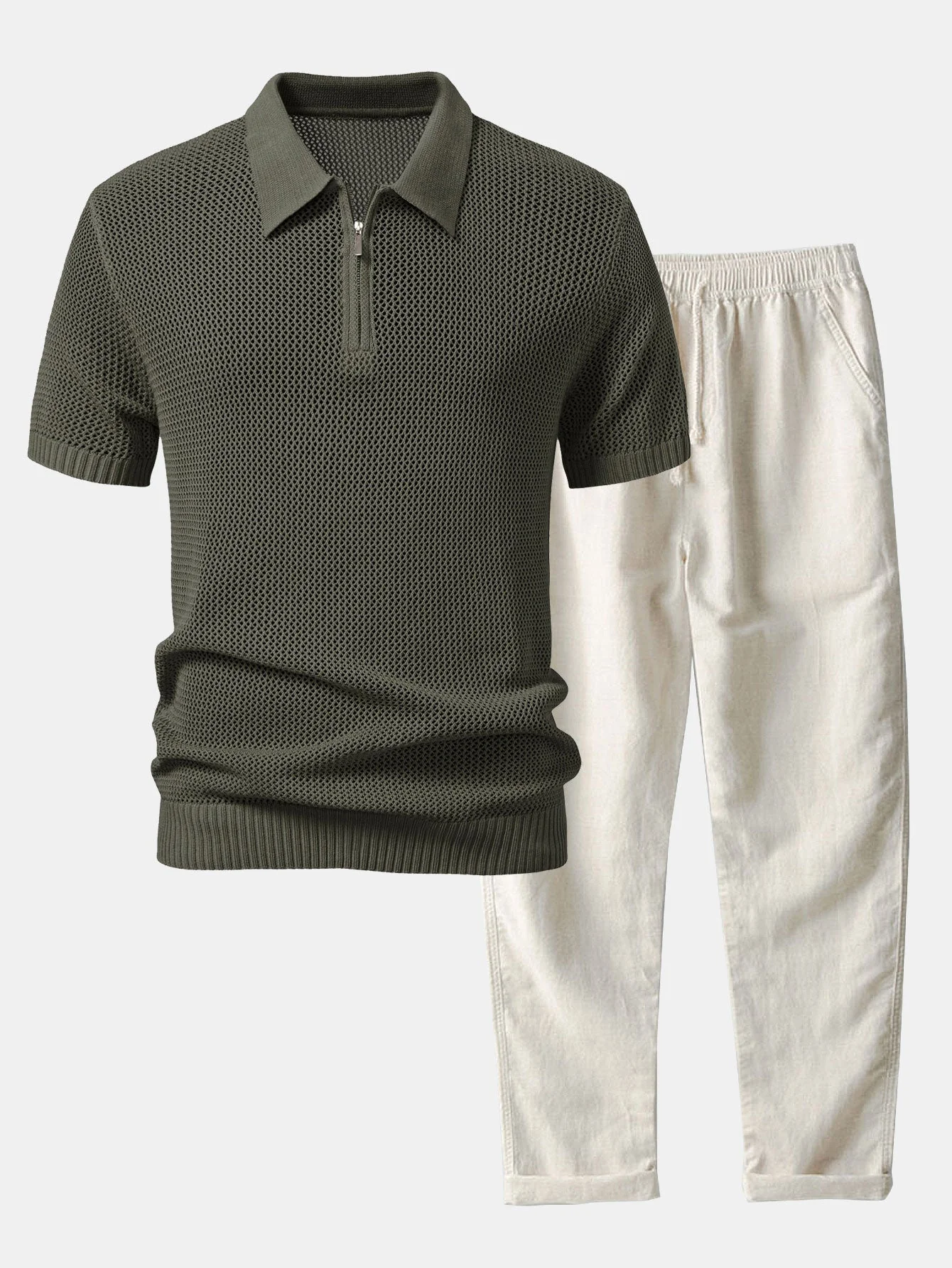 Teófilo® | Eyelet Zip Up Knit Polo Shirt & Straight Leg Linen Pants - Image 5