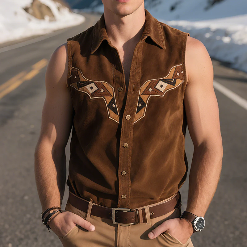 Terence | Men'S Vintage Casual Western Suede Geometric Embroidery Lapel Sleeveless Shirt - Image 2