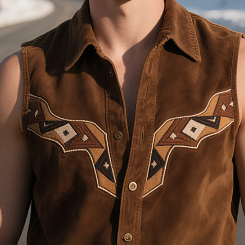 Terence | Men'S Vintage Casual Western Suede Geometric Embroidery Lapel Sleeveless Shirt - Image 3