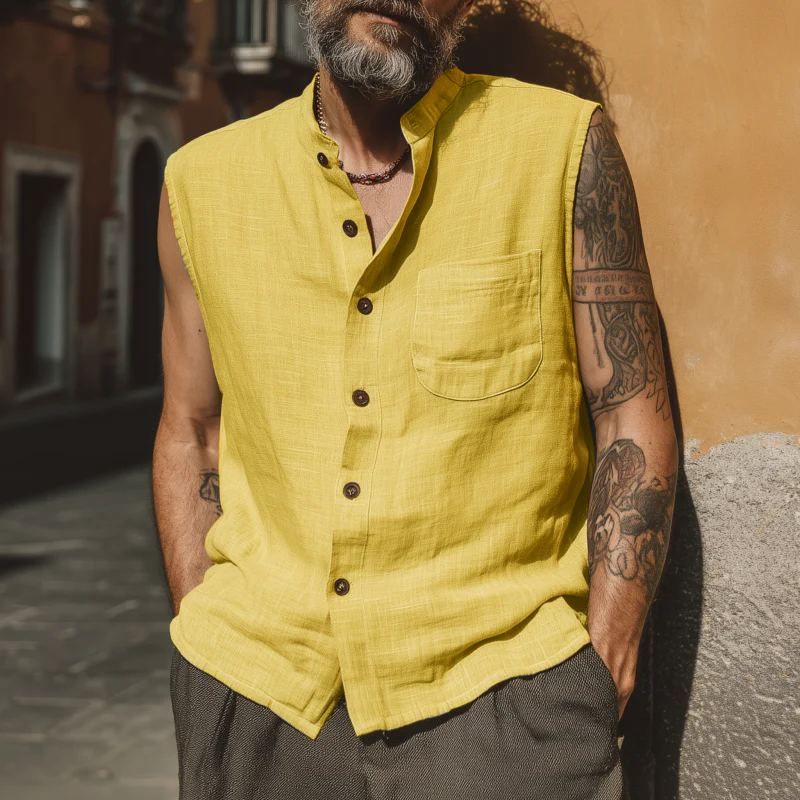 Terrance | Men'S Casual Breathable Linen Stand Collar Patch Pocket Loose Sleeveless Shirt - Image 2