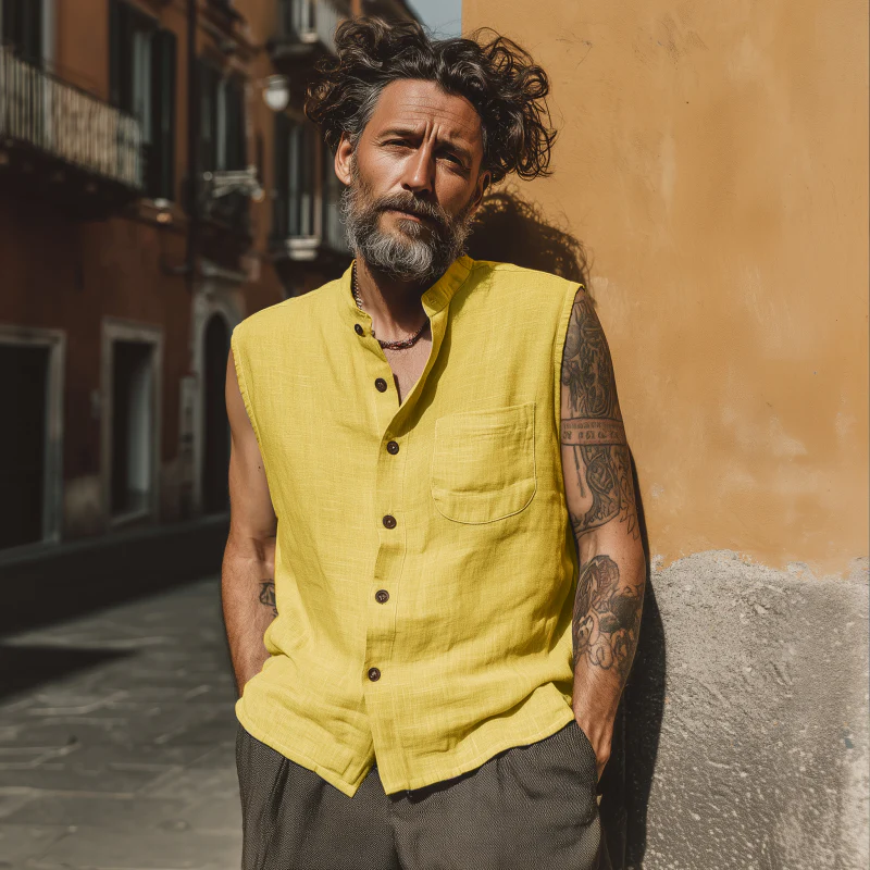Terrance | Men'S Casual Breathable Linen Stand Collar Patch Pocket Loose Sleeveless Shirt - Image 3