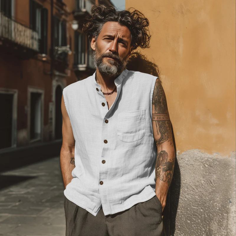 Terrance | Men'S Casual Breathable Linen Stand Collar Patch Pocket Loose Sleeveless Shirt - Image 4