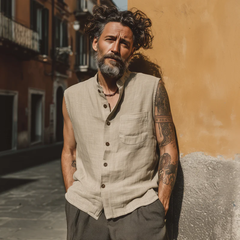 Terrance | Men'S Casual Breathable Linen Stand Collar Patch Pocket Loose Sleeveless Shirt - Image 5