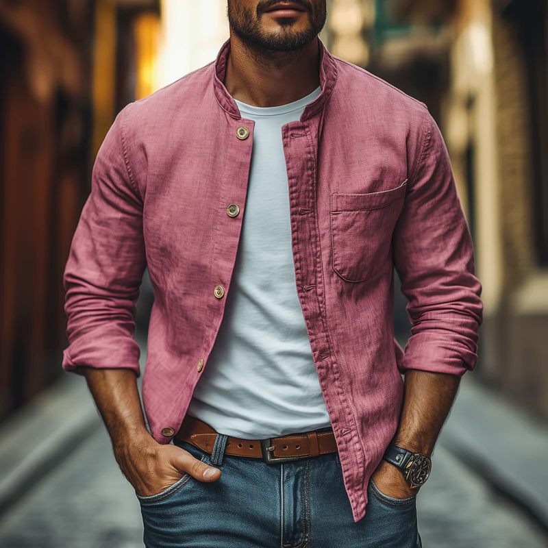 Thad | Men'S Casual Breathable Cotton Stand Collar Single Breasted Patch Pocket Loose Long Sleeve Shirt - Image 2