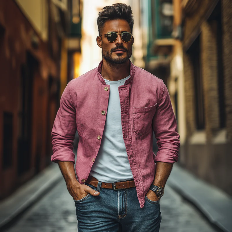 Thad | Men'S Casual Breathable Cotton Stand Collar Single Breasted Patch Pocket Loose Long Sleeve Shirt - Image 3