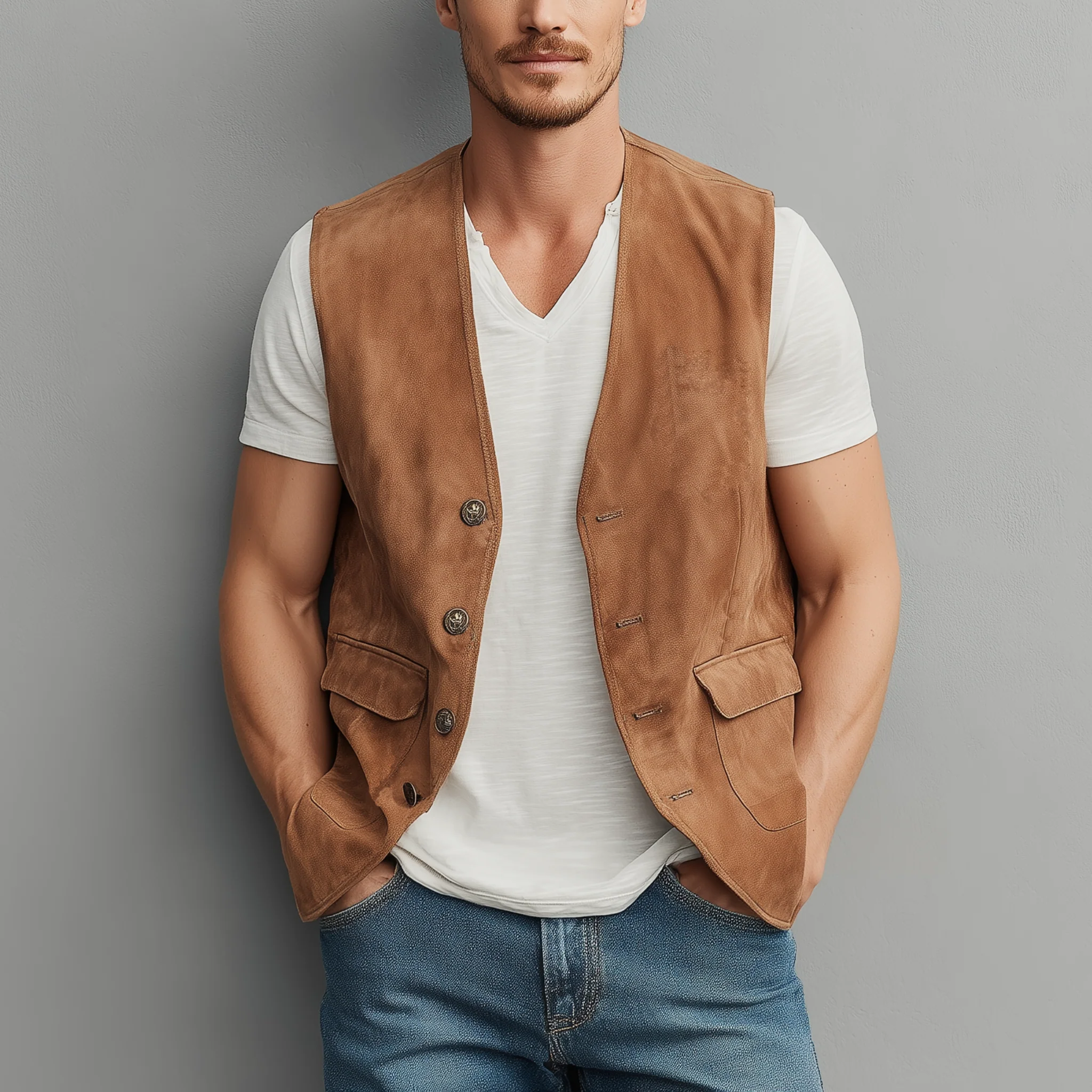 Thad | Men'S Spring And Summer Casual Thin Suede Metal Button Vest - Image 2