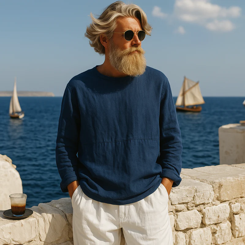 Theo | Men'S Casual Breathable Cotton Linen Round Neck Loose Long-Sleeved T-Shirt - Image 4