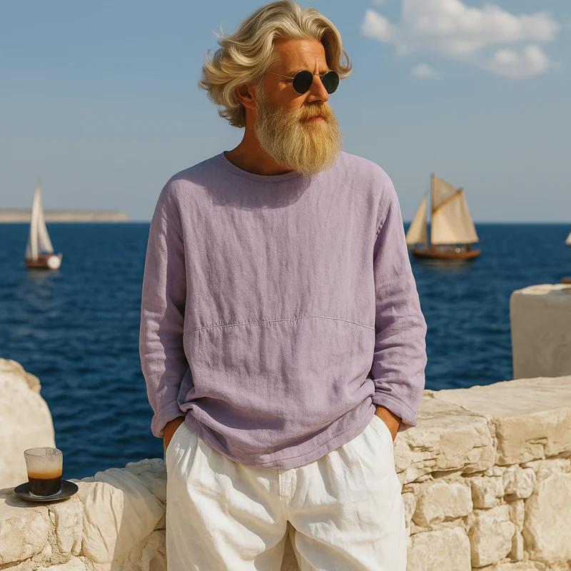 Theo | Men'S Casual Breathable Cotton Linen Round Neck Loose Long-Sleeved T-Shirt - Image 5