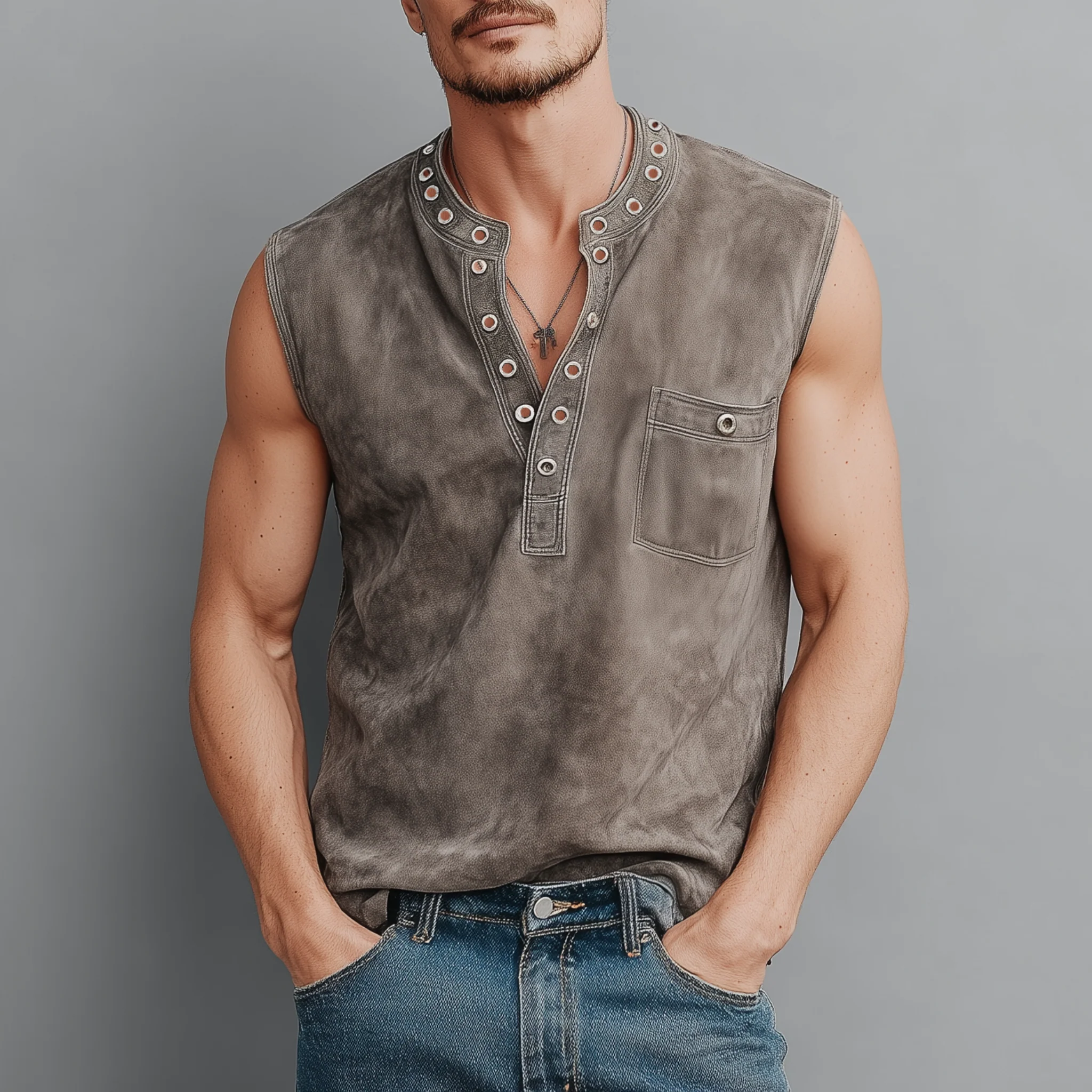 Theo | Men'S Spring And Summer Casual Thin Suede Henry Collar Decorated Rivet Slim Fit Tank Top - Image 2